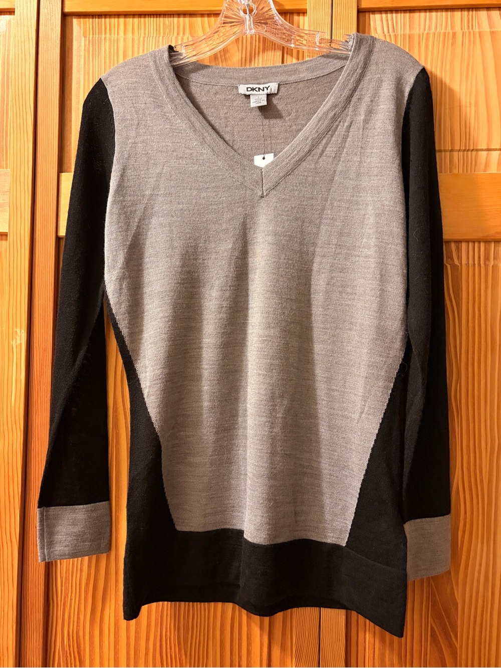 DKNY V-Neck Colorblock Sweater in Gray and Black
